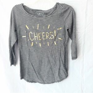 NWOT LOFT Vintage Soft CHEERS Black and White Fitted Striped Sleeve Tee SZ S